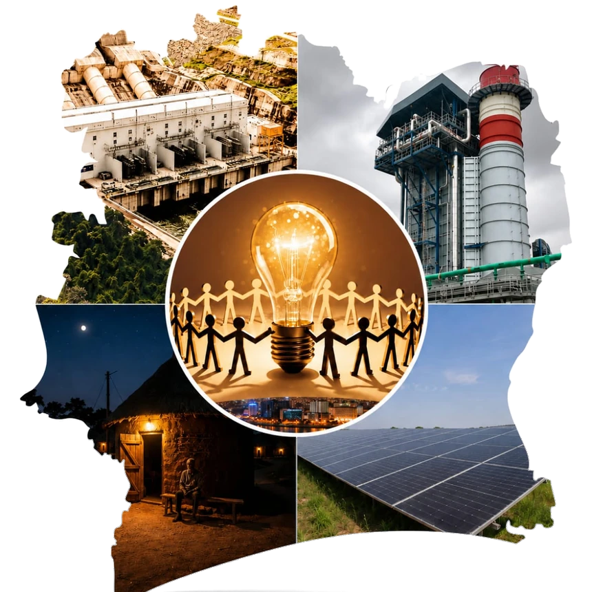 Carte énergétique de la Côte d'Ivoire : barrage hydroélectrique, centrale thermique, village la nuit, panneaux solaires et, au centre, l'énergie pour tous